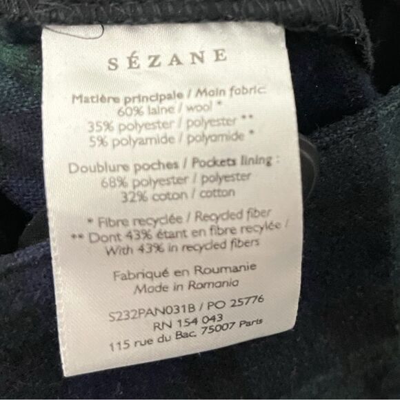 Sezane Martin Plaid Wool Blend Trousers Green Navy Wide Leg Size 4 Preppy - Picture 11 of 13